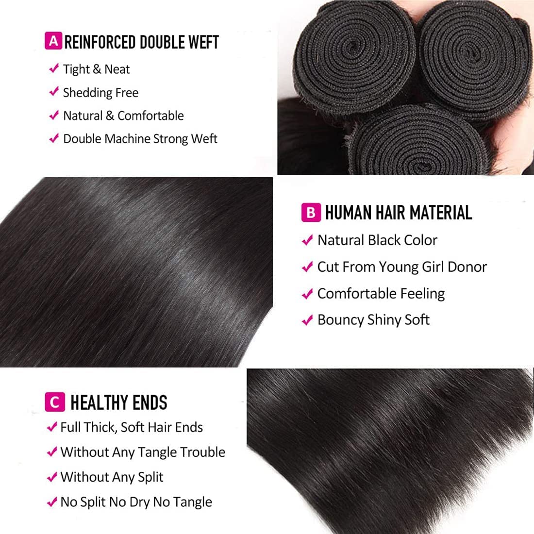 Atikual Brazilian Straight Hair 3 Bundles Deals 100% Unprocessed Virgin Brazilian Hair Silk Straight Human Hair Weave Bundles