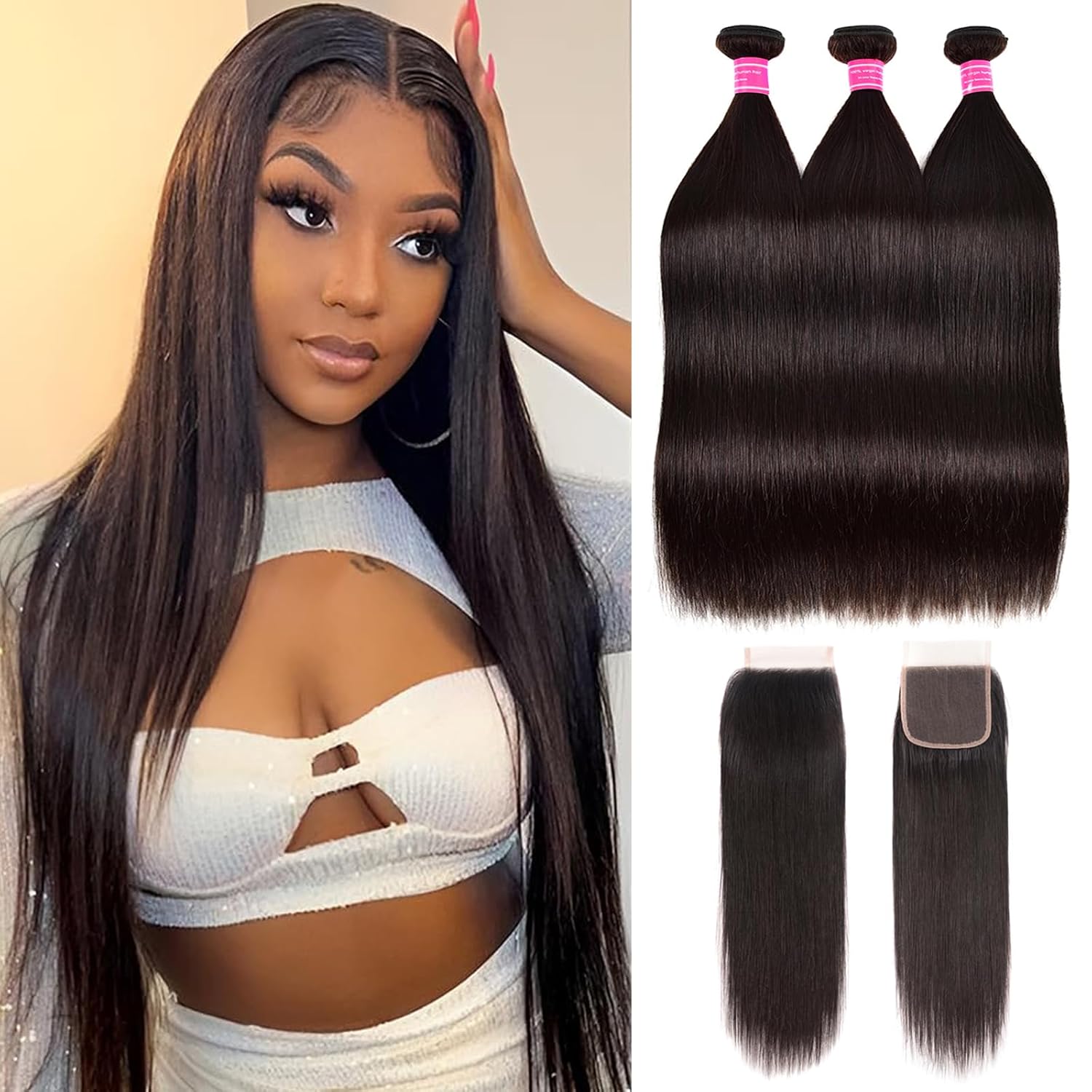 Atikual Hair Brazilian Straight Human Hair 3 Bundles With 4x4 Lace Closure Mink Brazilian Virgin Hair Straight With Closure