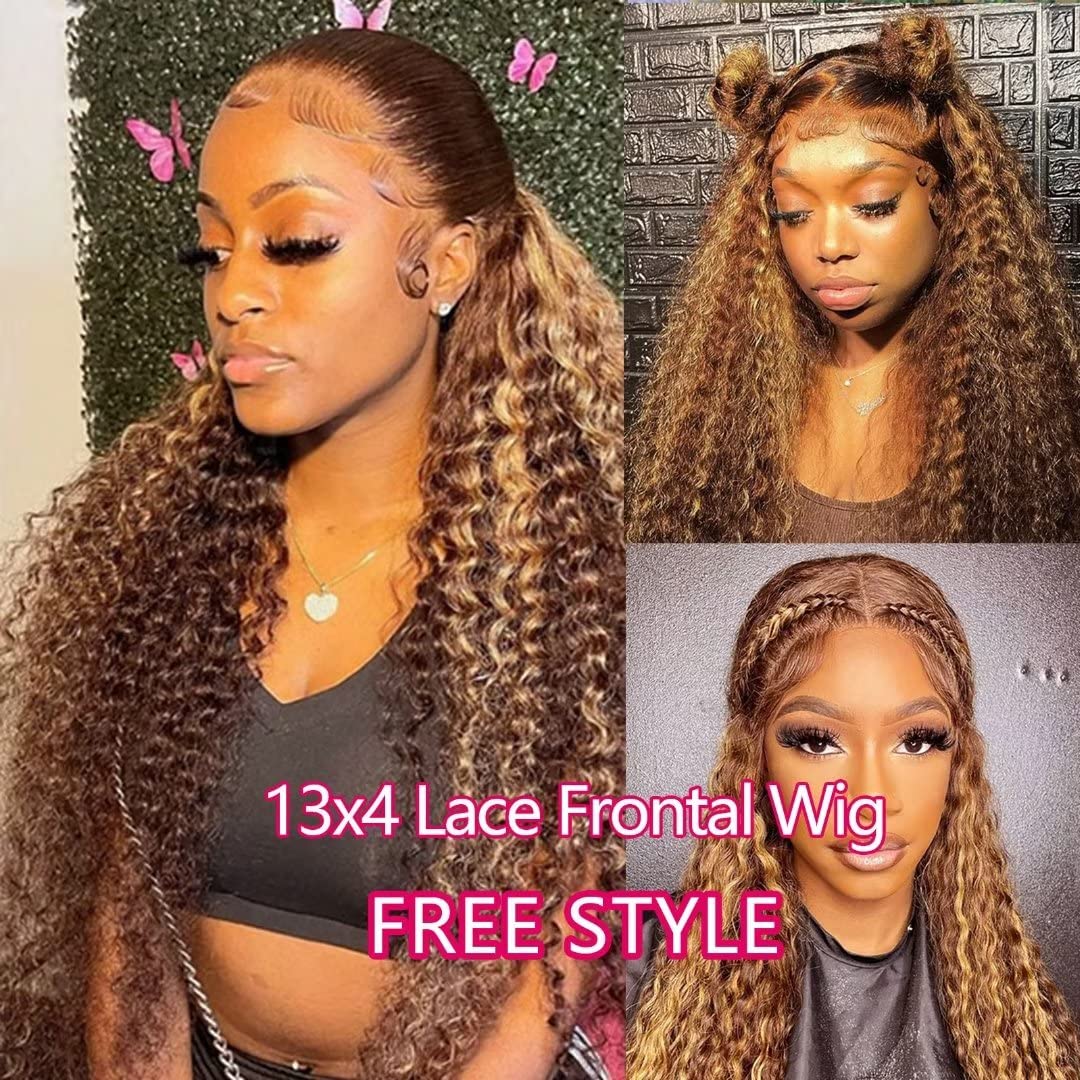 Atikual Ombre Honey Blonde Highlight 13X4 Transparent Lace Front Wigs Human Hair 180 Density P4/27 Water Wave Wigs for Women