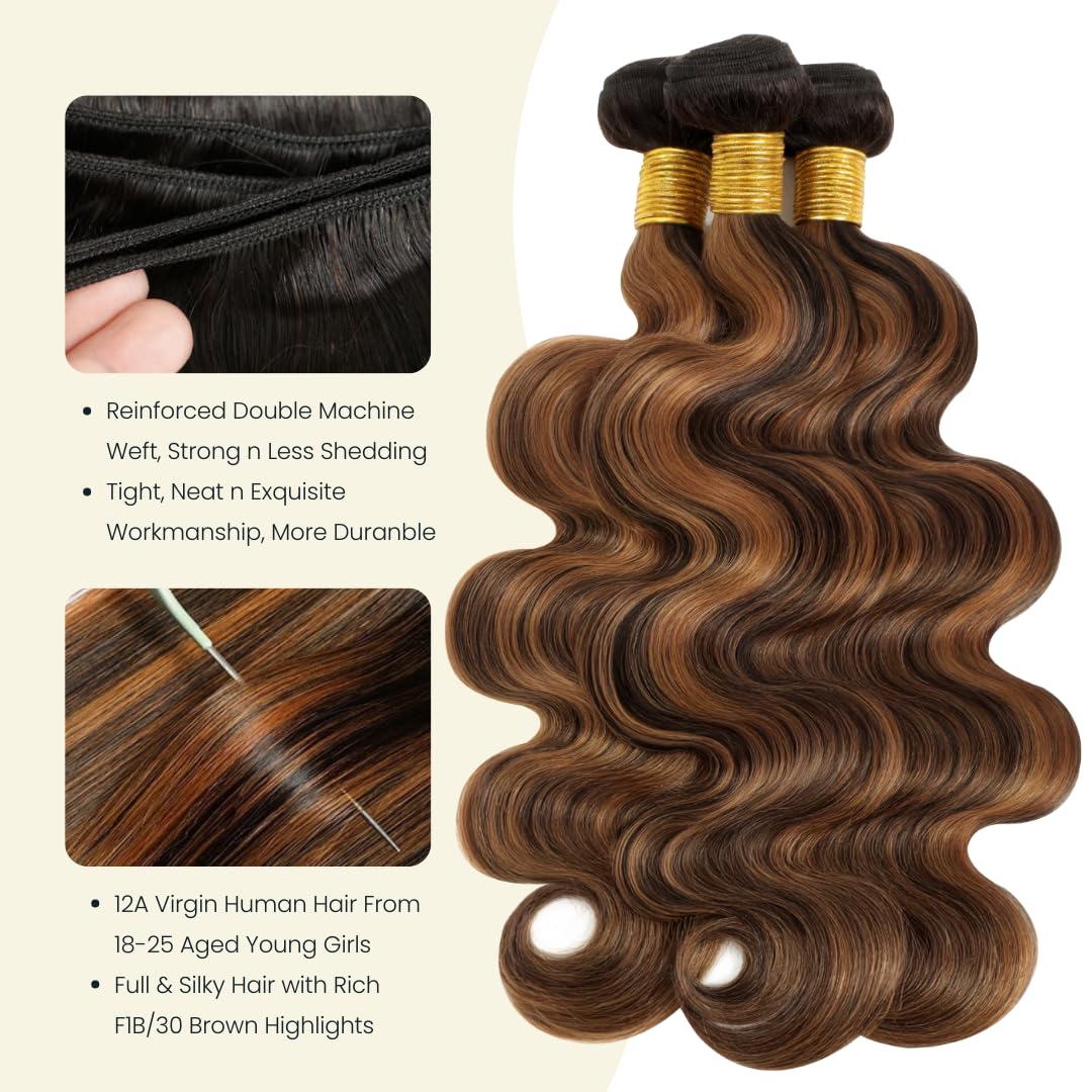 Atikual Brown Highlight 3 Bundles with 13x4 Lace Frontal Human Hair Body Wave Ombre #1b/30 Balayage Bundles with Frontal Free Part 100% Remy Hair