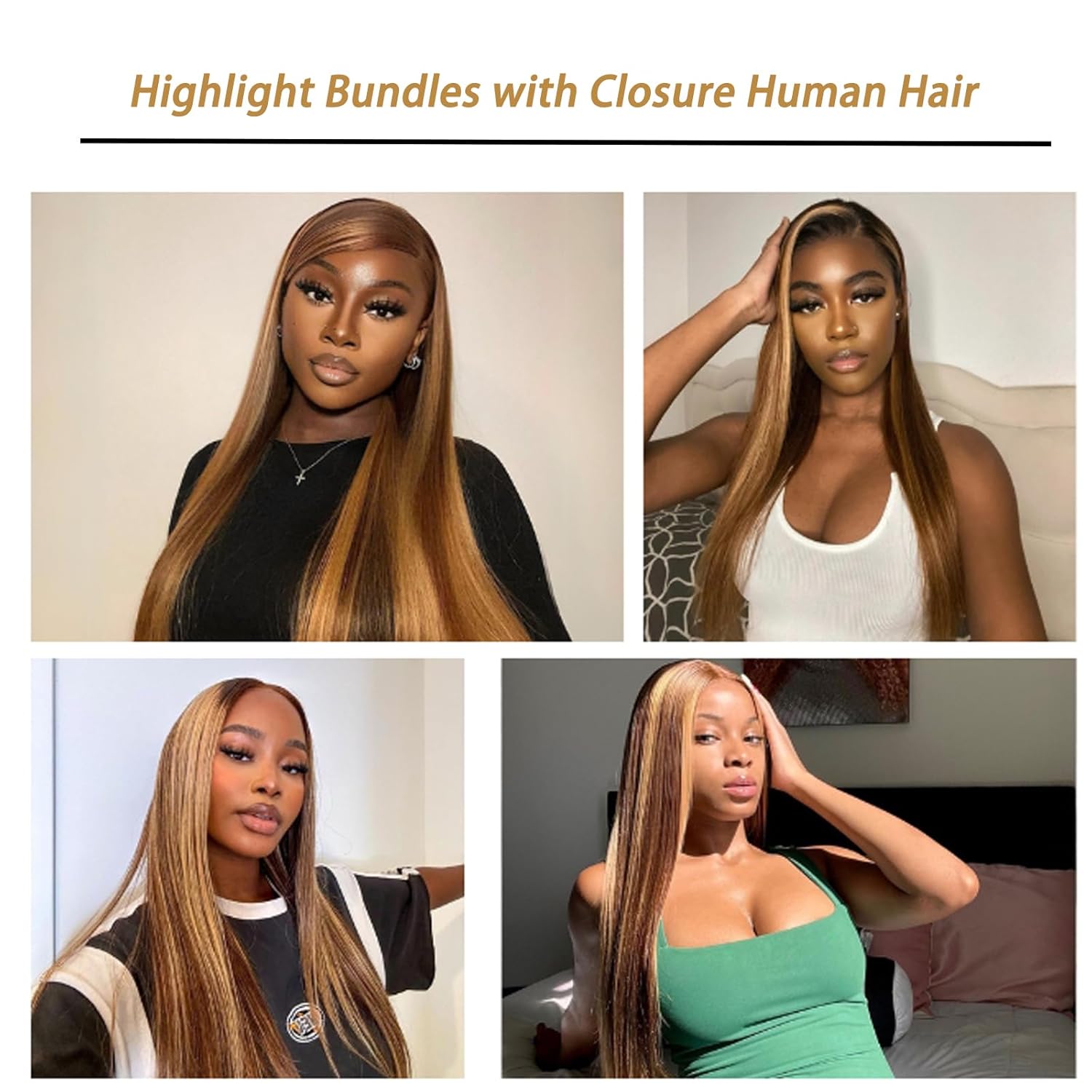 Atikual Highlight Ombre Bundles with Lace Closure Straight P4/27 Brown Blonde Highlight 3 Bundle with 4X4 Free Part Closure Brazilian Human Hair