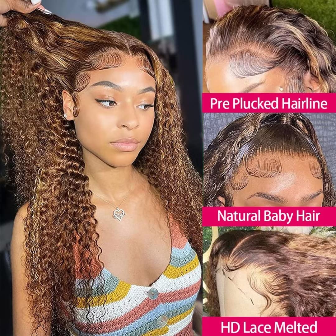 Atikual Ombre Honey Blonde Highlight 13X4 Transparent Lace Front Wigs Human Hair 180 Density P4/27 Water Wave Wigs for Women