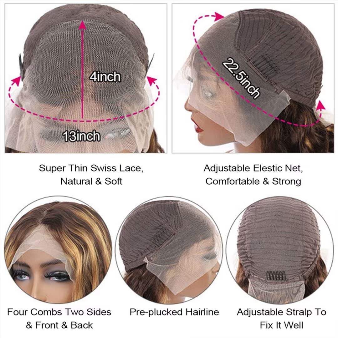 Atikual Ombre Honey Blonde Highlight 13X4 Transparent Lace Front Wigs Human Hair 180 Density P4/27 Water Wave Wigs for Women