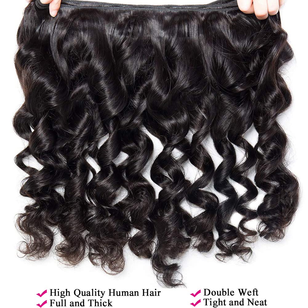 Atikual Loose Wave Bundles with Closure Brazilian Human Hair Unprocessed 3 Bundles with 4x4 Lace Closure Natural Black
