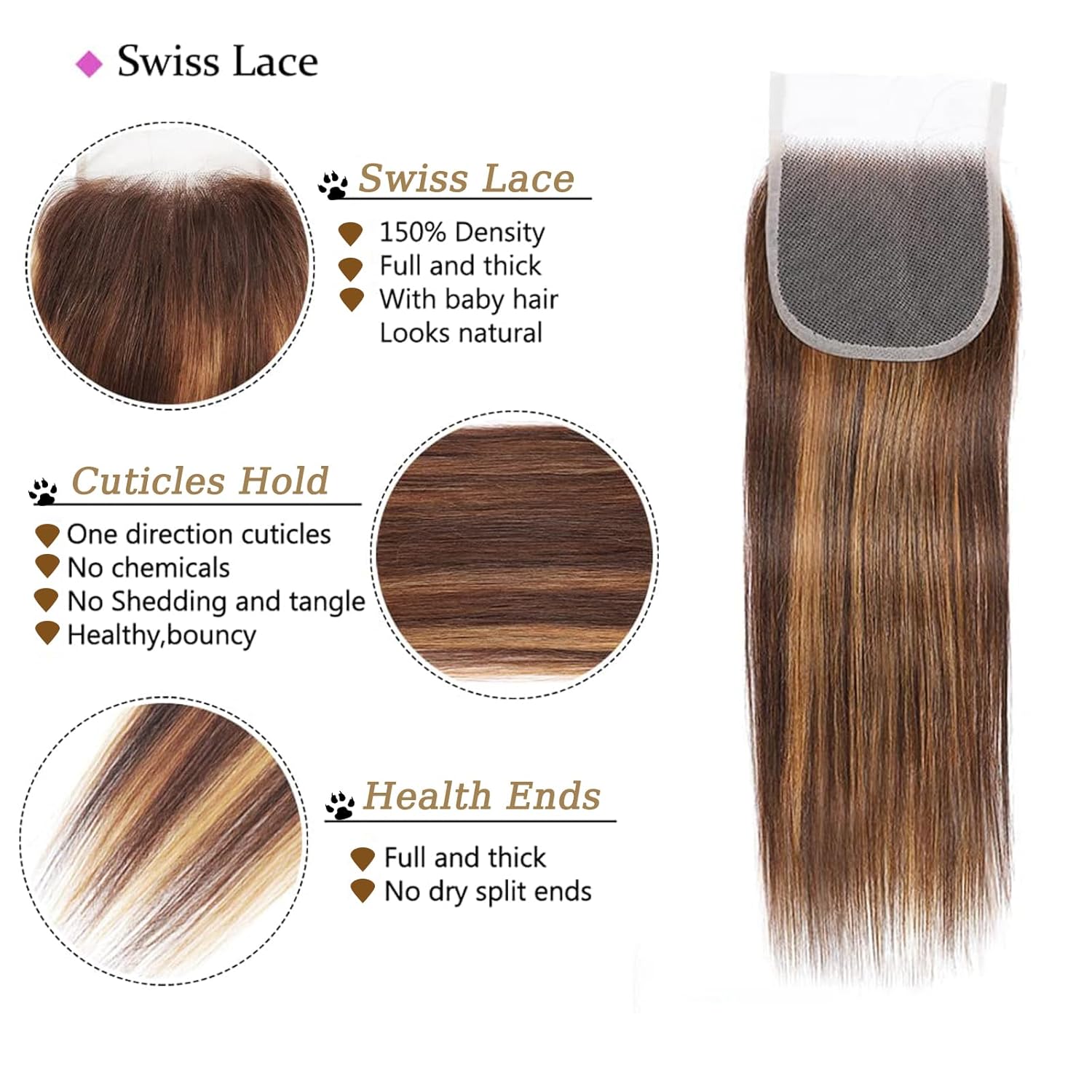 Atikual Highlight Ombre Bundles with Lace Closure Straight P4/27 Brown Blonde Highlight 3 Bundle with 4X4 Free Part Closure Brazilian Human Hair