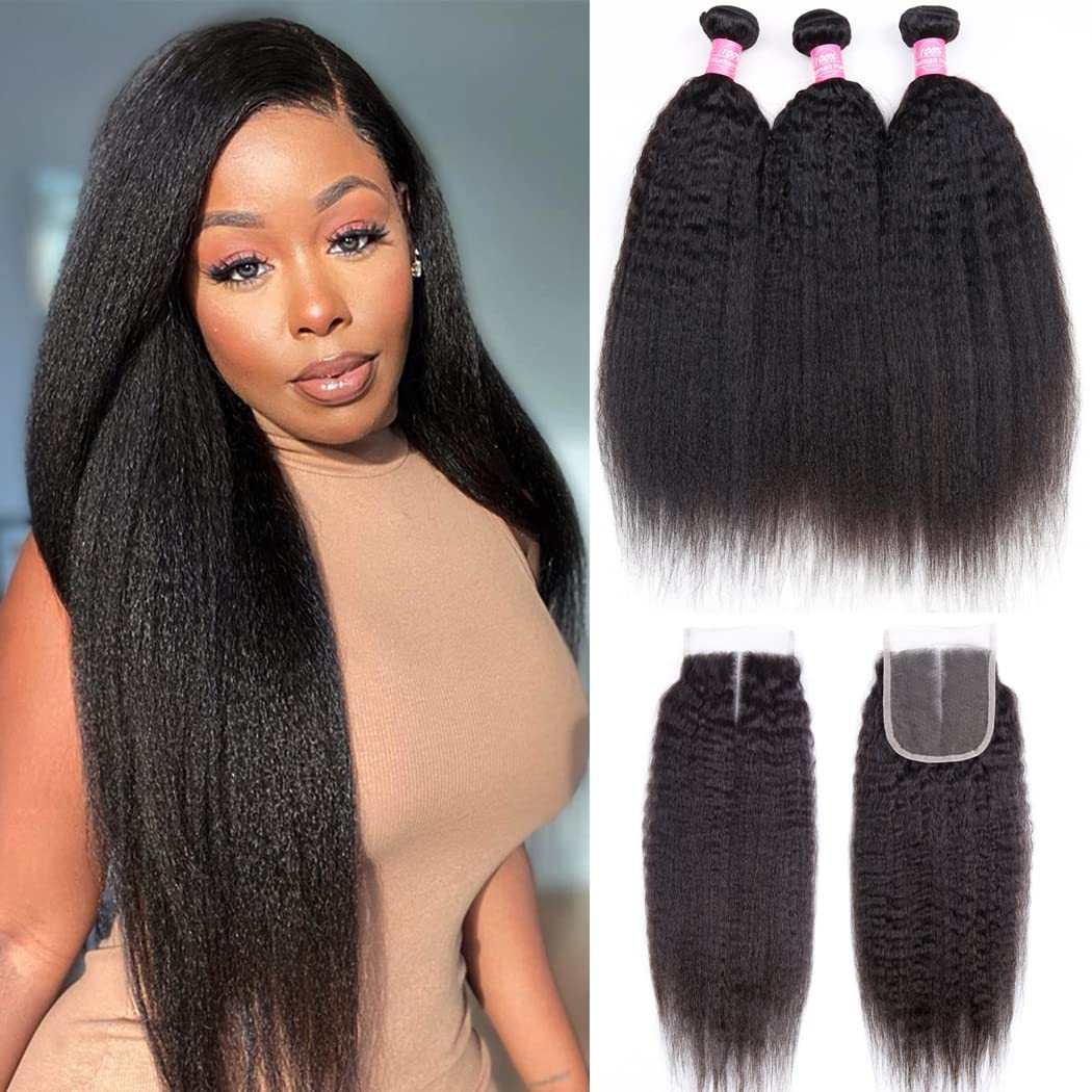 Atikual Kinky Straight Bundles with Closure Brazilian Human Hair Unprocessed Yaki Straight Virgin Hair 3 Bundles with 4x4 Lace Closure Natural Black