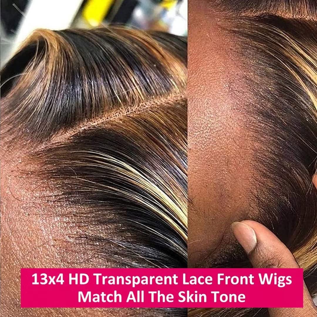 Atikual Ombre Honey Blonde Highlight 13X4 Transparent Lace Front Wigs Human Hair 180 Density P4/27 Water Wave Wigs for Women