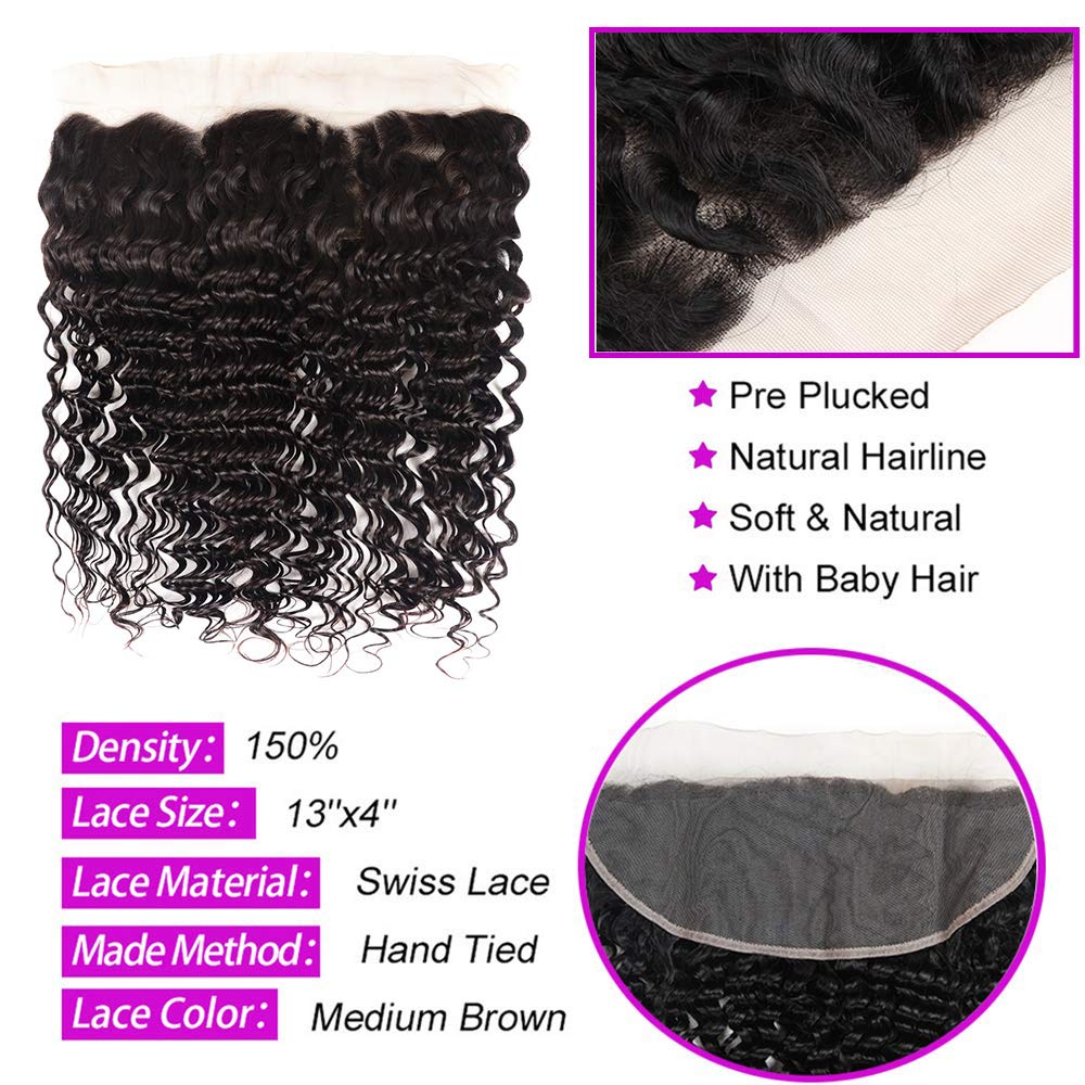 Atikual Brazilian Deep Wave With Frontal Hair 3 Bundles With 13x4 Lace Frontal Deep Curly 100% Virgin Human Hair