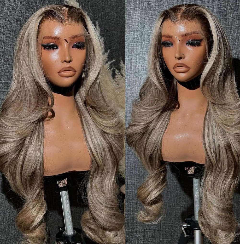 Atikual Ombre Ash Blonde Highlights Lace Front Wig Human Hair Body Wave Ombre Roots Milk Tea with Brown Color Pre Plucked Wigs