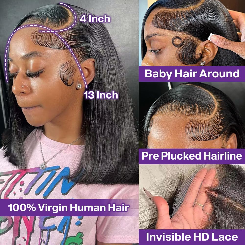 Atikual Straight Bob Wig Human Hair 13x4 HD Lace Front Wigs For Women Short Bob Wig With Baby Hair Pre Plucked 180% Density