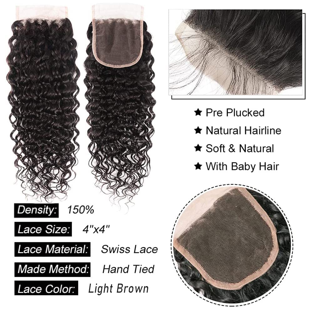 Atikual 3 Bundles With Closure Brazilian Water Wave Human Hair Weave Bundles With 4x4 Lace Closure Natural Color