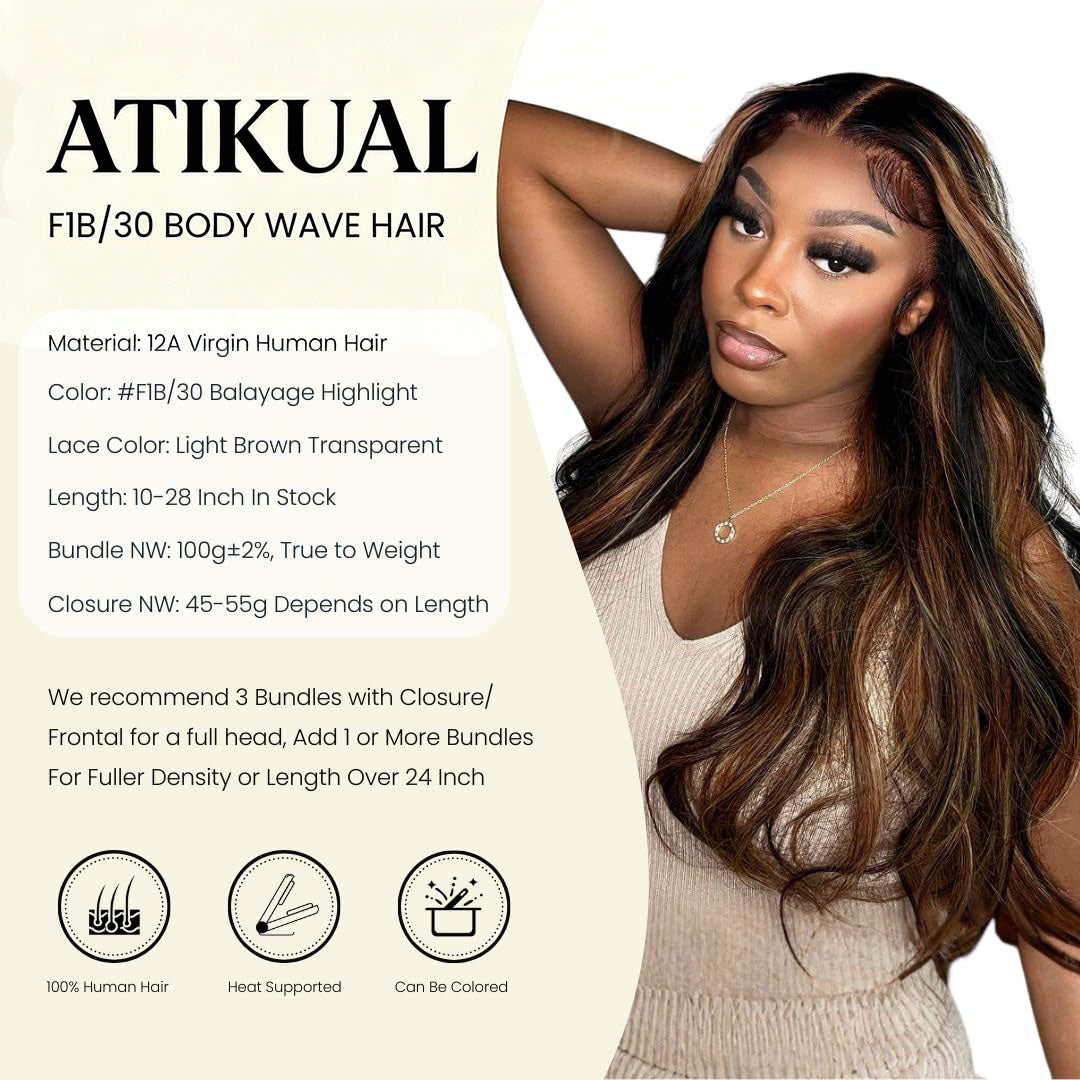 Atikual Brown Highlight 3 Bundles with 13x4 Lace Frontal Human Hair Body Wave Ombre #1b/30 Balayage Bundles with Frontal Free Part 100% Remy Hair