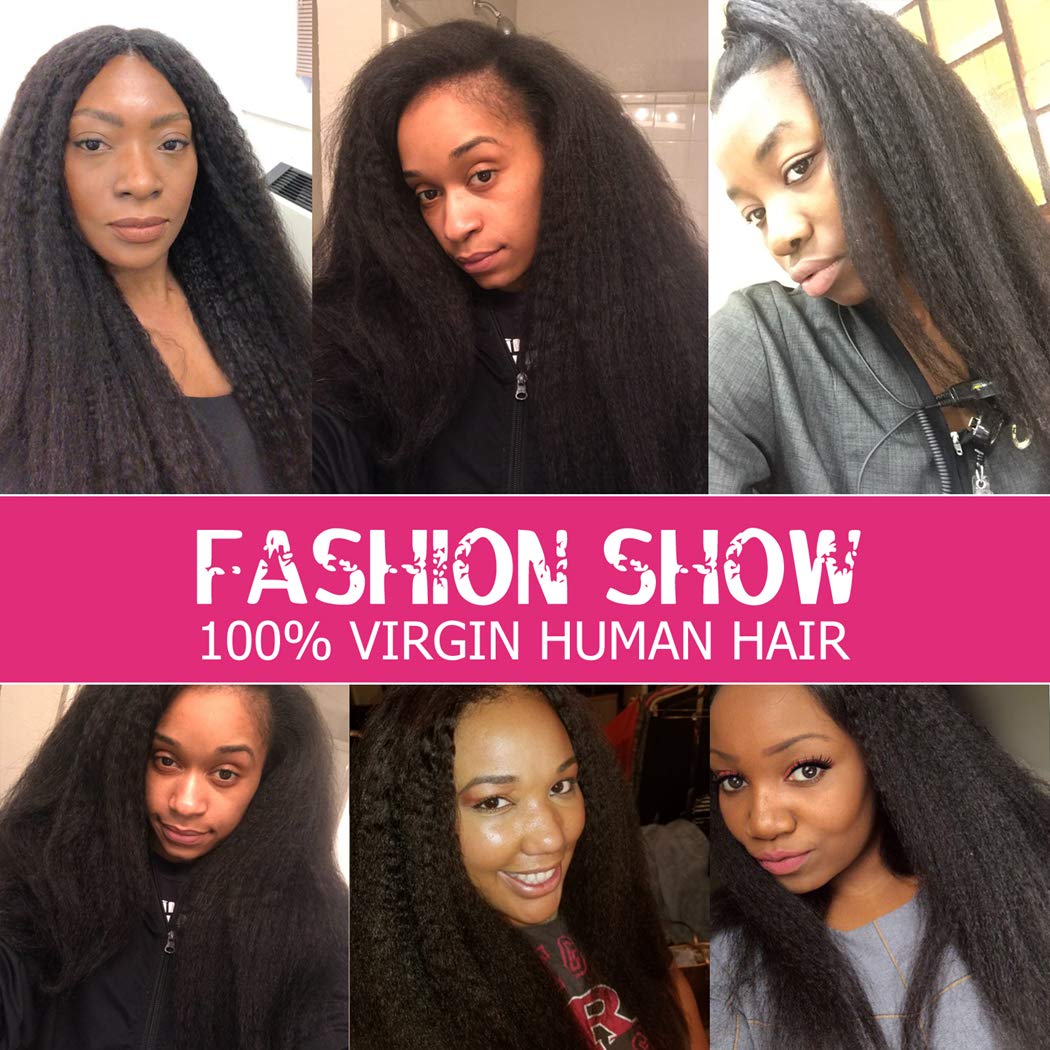 Atikual Kinky Straight Bundles with Closure Brazilian Human Hair Unprocessed Yaki Straight Virgin Hair 3 Bundles with 4x4 Lace Closure Natural Black