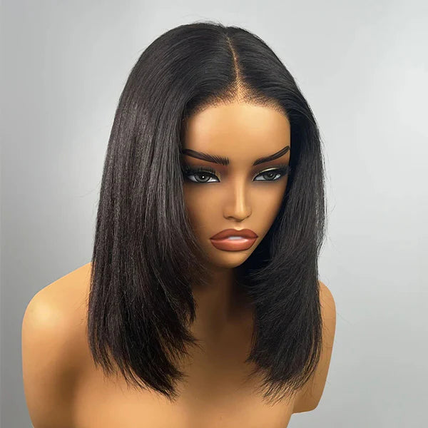 Atikual Glueless Layered Cut Yaki Straight Wear Go Wig 9x6 Pre-Cut T Part Lace Bob Wig Human Hair With Elastic Drawstring