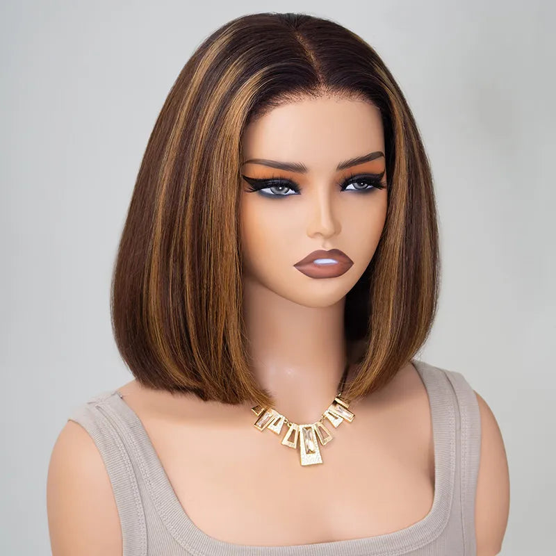 Atikual Highlight Glueless Straight Bob Wig Human Hair 6¡Á5 Pre Cut Lace Wig Bleached Knots