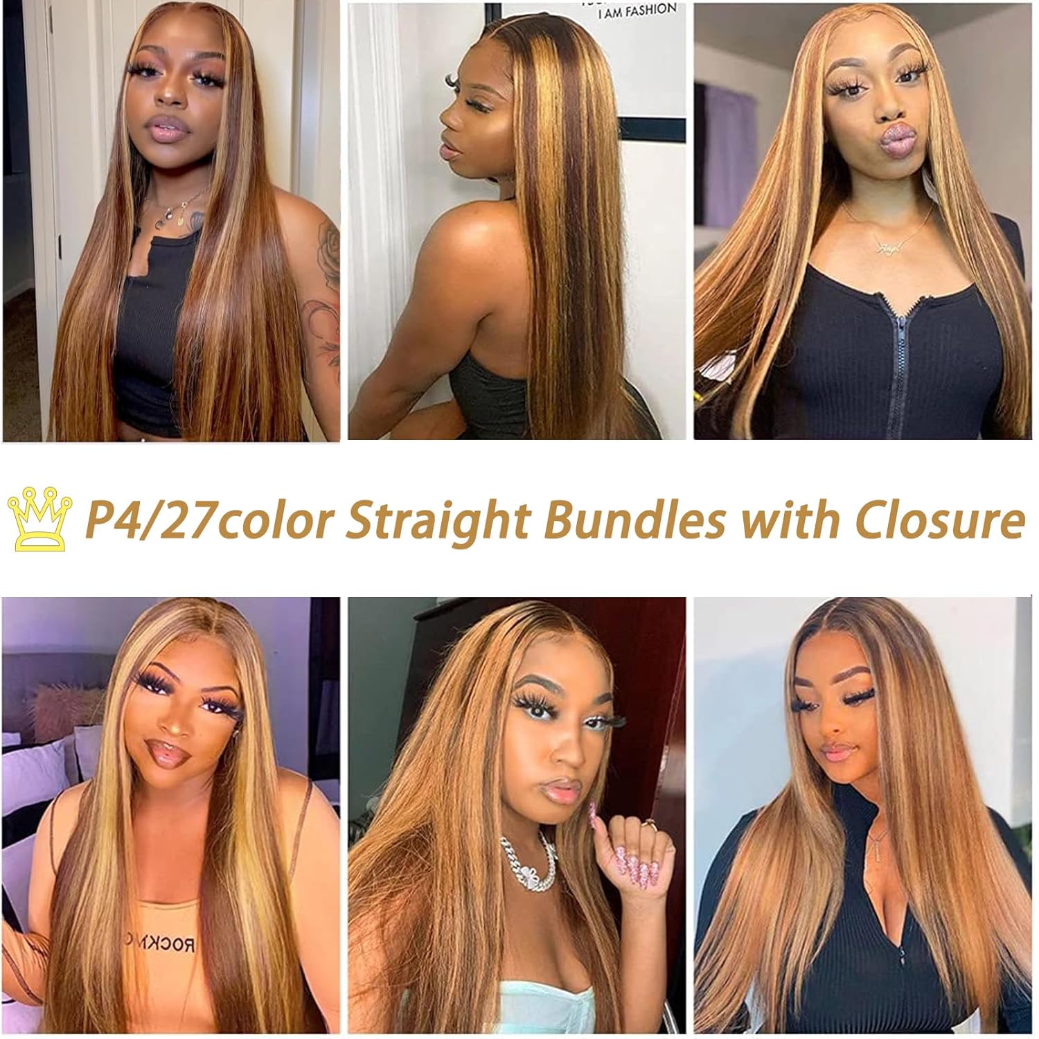 Atikual Highlight Ombre Bundles with Lace Closure Straight P4/27 Brown Blonde Highlight 3 Bundle with 4X4 Free Part Closure Brazilian Human Hair