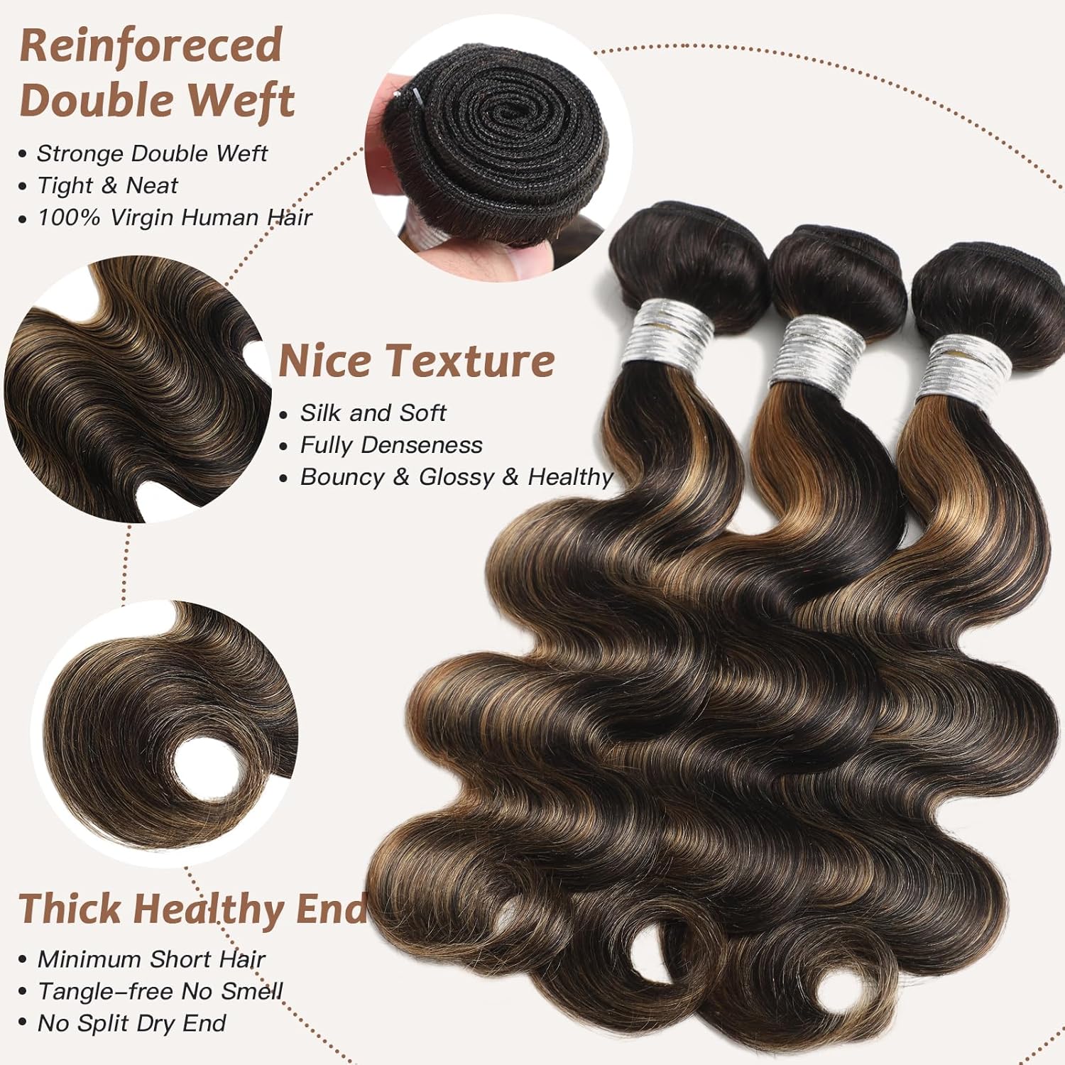 Atikual Honey Blonde Highlight Body Wave Bundles with Closure 3 Highlighted Bundles with 4x4 Closure Human Hair Sew In Weaves Brazilian Virgin Remy Hair