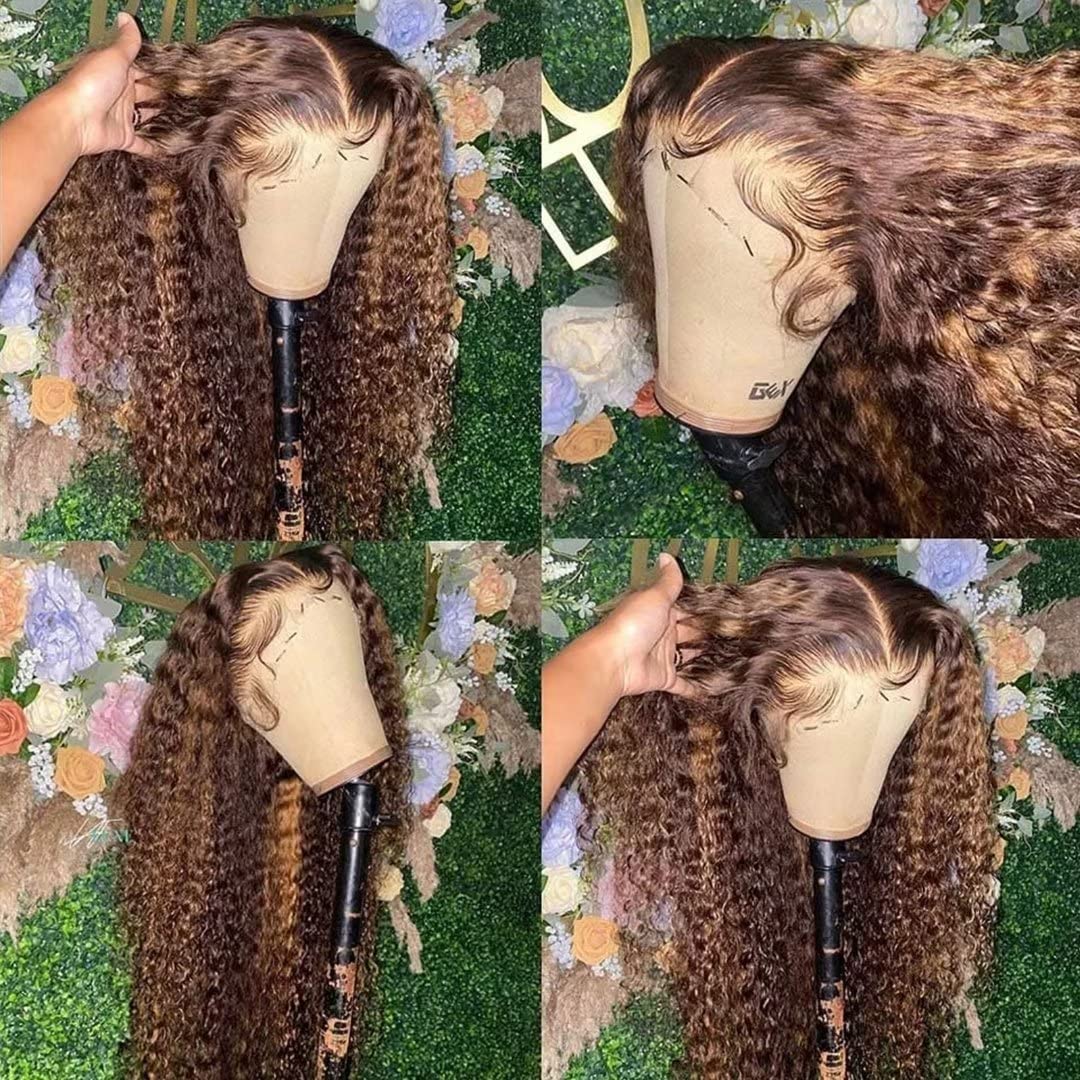 Atikual Ombre Honey Blonde Highlight 13X4 Transparent Lace Front Wigs Human Hair 180 Density P4/27 Water Wave Wigs for Women