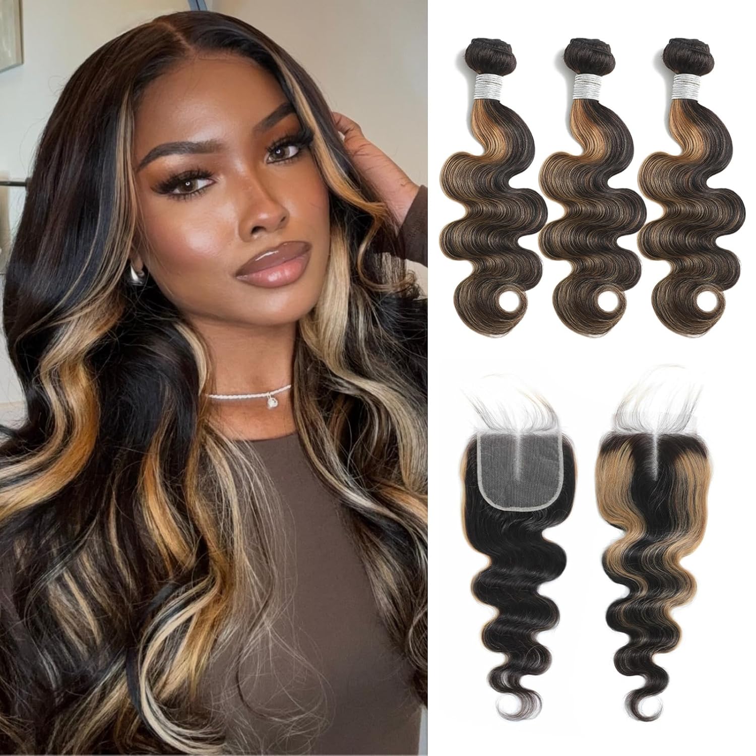 Atikual Honey Blonde Highlight Body Wave Bundles with Closure 3 Highlighted Bundles with 4x4 Closure Human Hair Sew In Weaves Brazilian Virgin Remy Hair