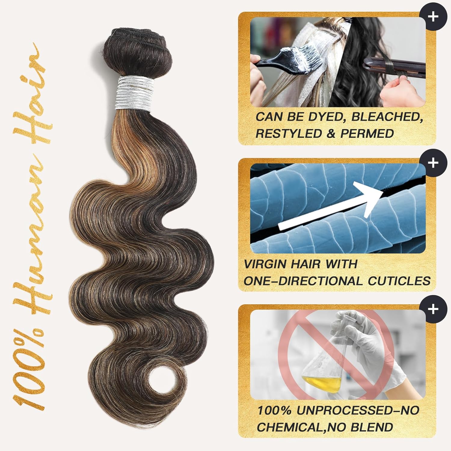 Atikual Honey Blonde Highlight Body Wave Bundles with Closure 3 Highlighted Bundles with 4x4 Closure Human Hair Sew In Weaves Brazilian Virgin Remy Hair