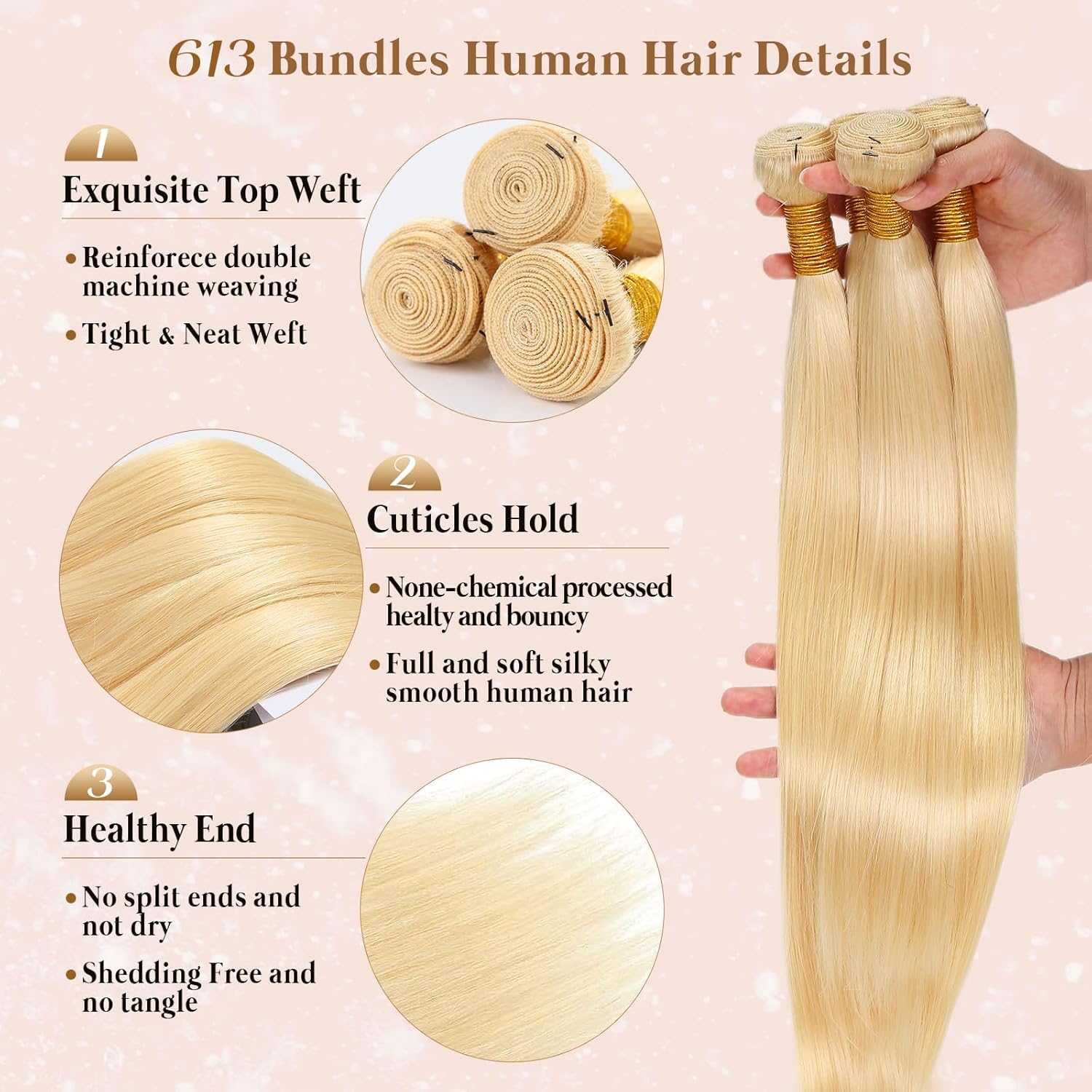 Atikual Hair 4pcs Straight Bundles Brazilian Virgin Hair Wave Bundles Color #613 100% virgin Human hair Weave