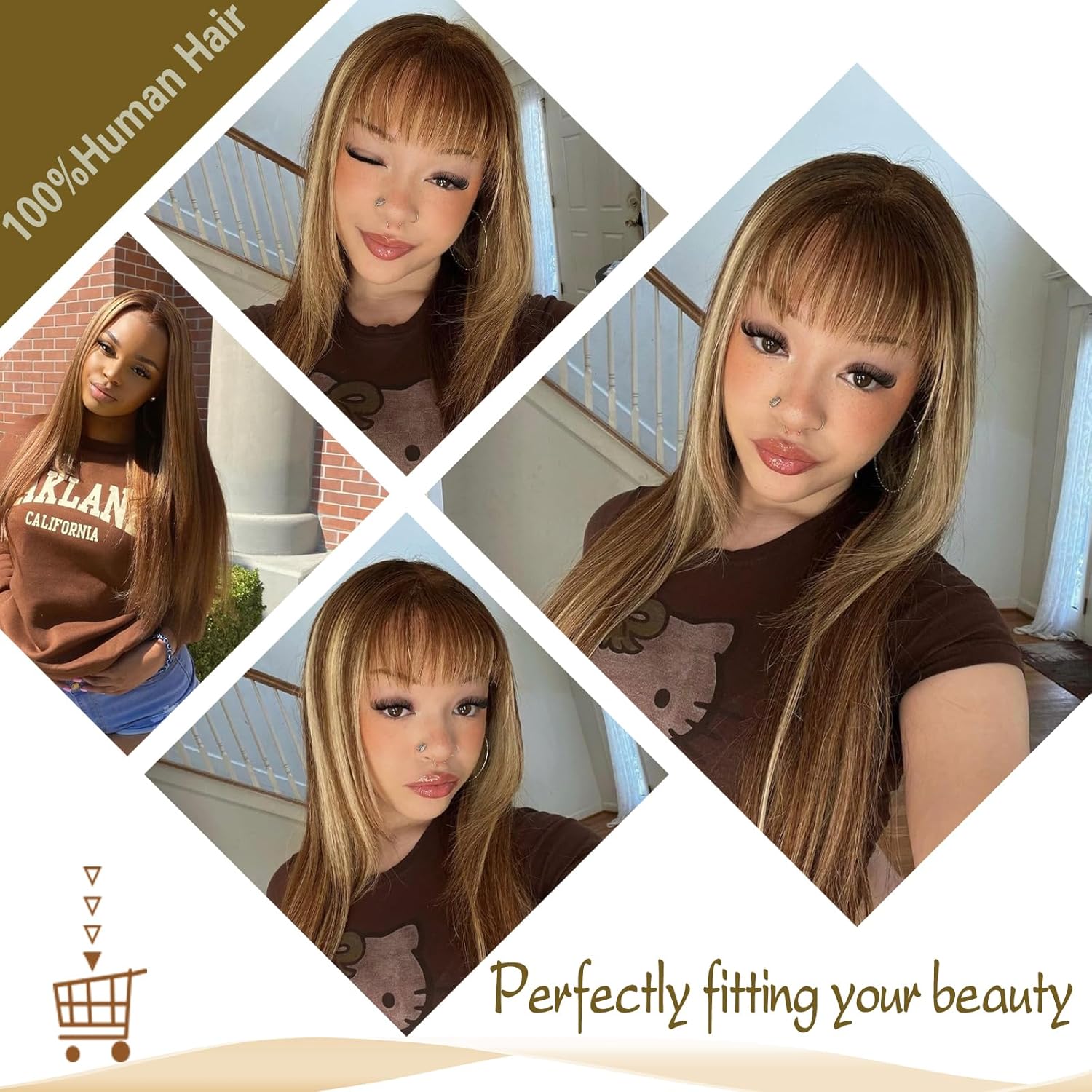 Atikual Highlight Ombre Bundles with Lace Closure Straight P4/27 Brown Blonde Highlight 3 Bundle with 4X4 Free Part Closure Brazilian Human Hair