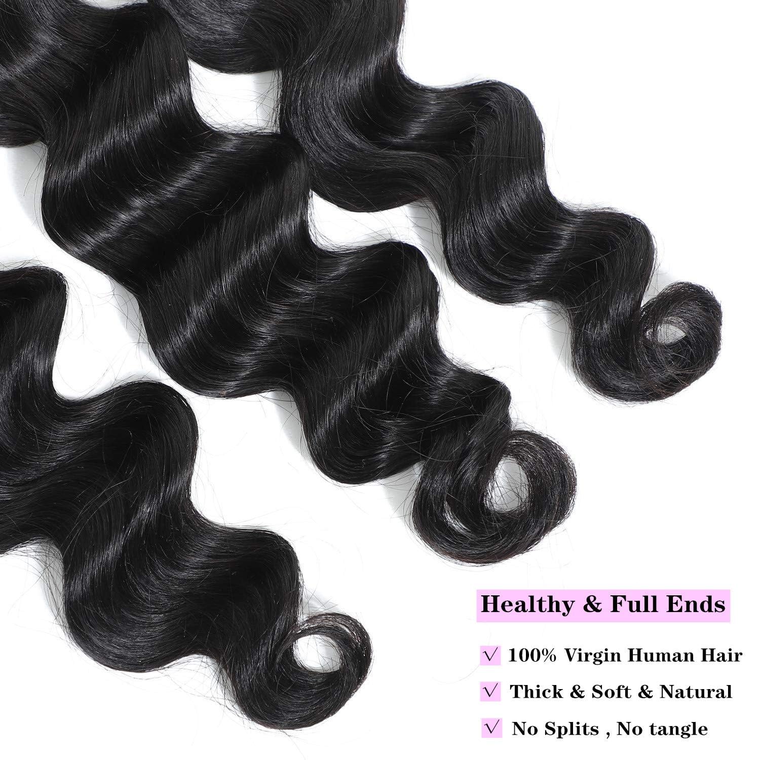 Atikual Loose Deep Wave Virgin Human Hair 3 Bundles with 13x4 HD Transparent Lace Frontal Natural Color
