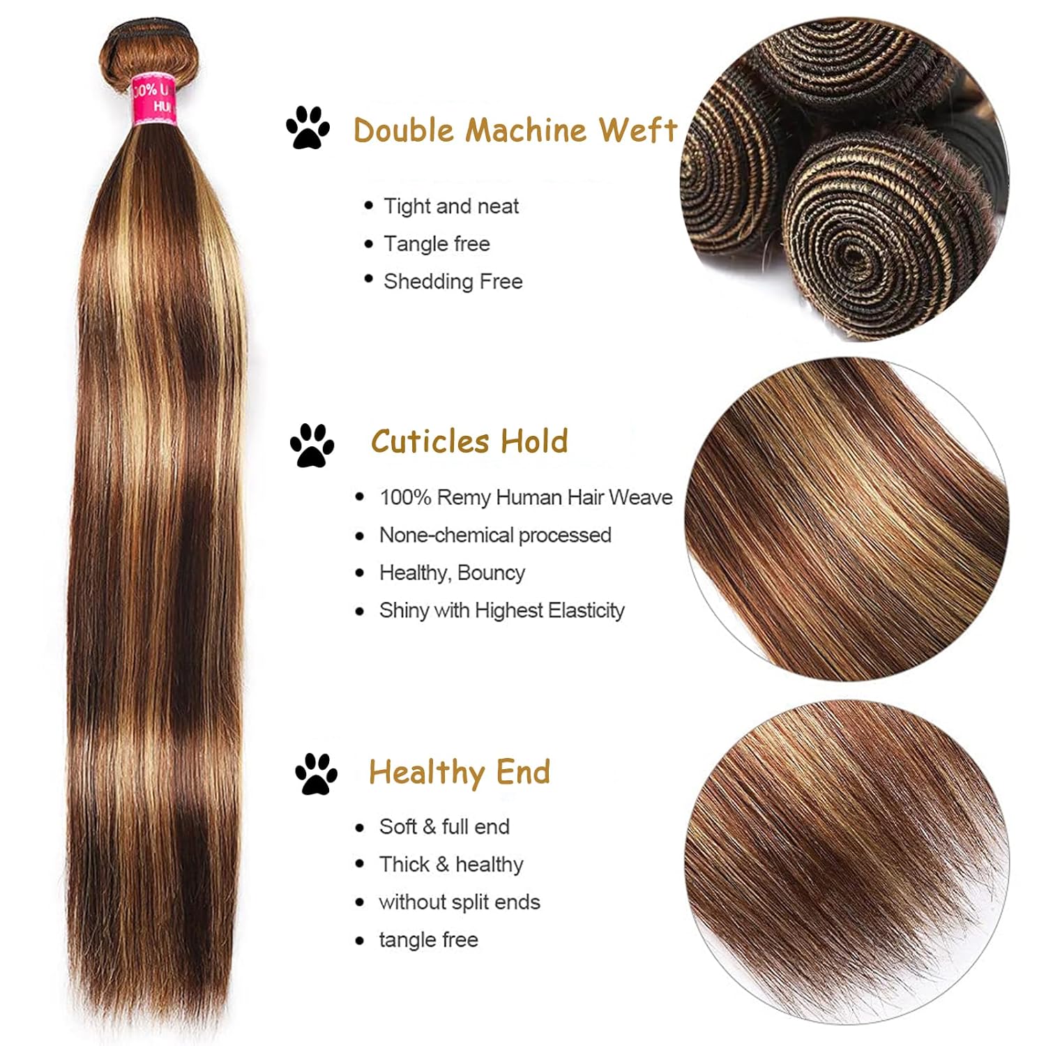 Atikual Highlight Ombre Bundles with Lace Closure Straight P4/27 Brown Blonde Highlight 3 Bundle with 4X4 Free Part Closure Brazilian Human Hair