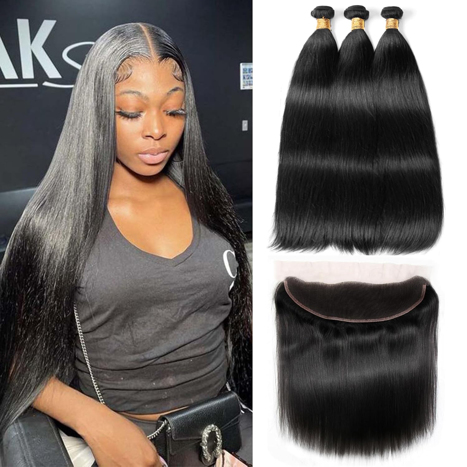 Atikual Long Straight Hair 3 Bundles With 13x4 Lace Frontal 100% Virgin Human Hair