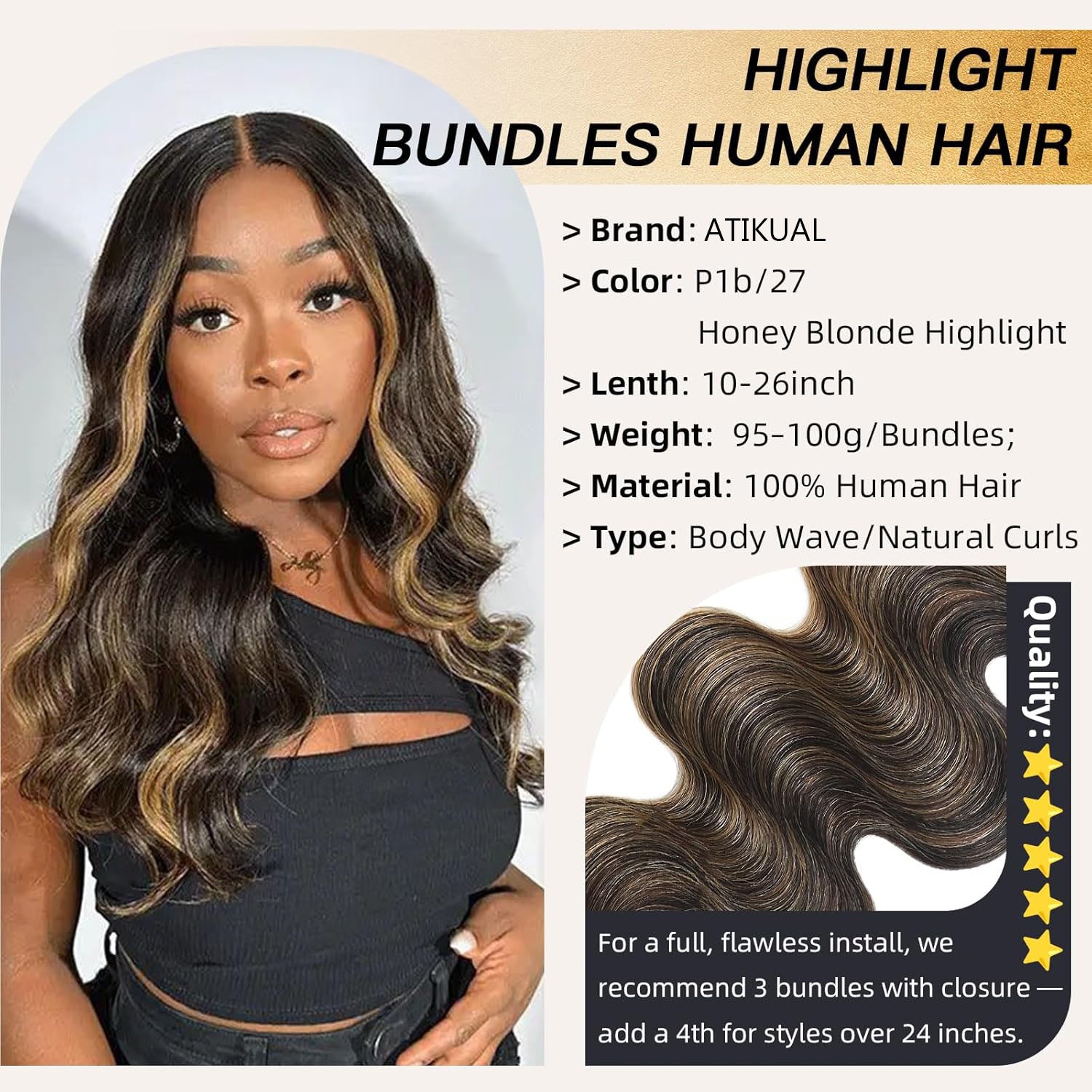 Atikual Honey Blonde Highlight Body Wave Bundles with Closure 3 Highlighted Bundles with 4x4 Closure Human Hair Sew In Weaves Brazilian Virgin Remy Hair
