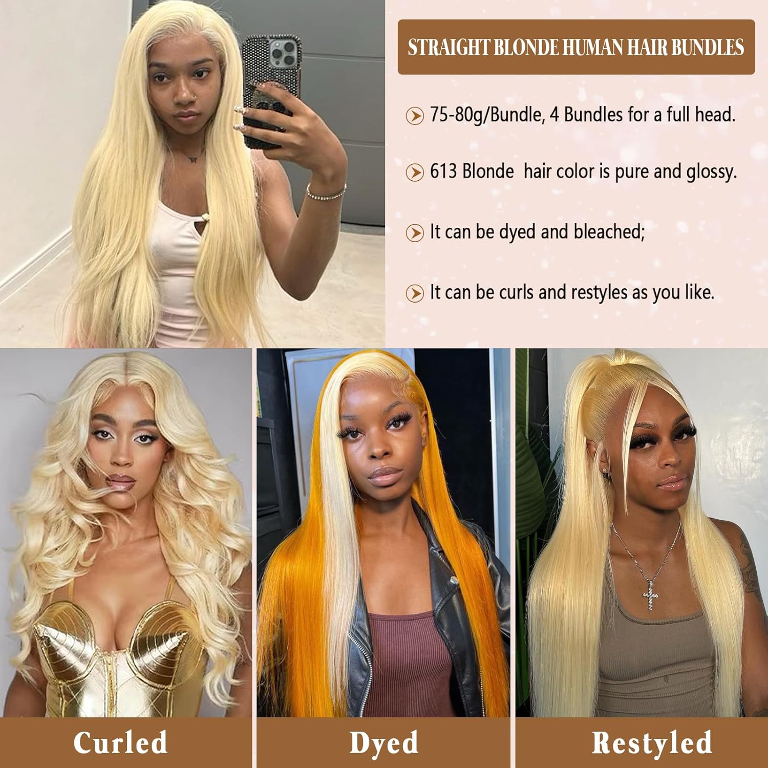 Atikual Hair 4pcs Straight Bundles Brazilian Virgin Hair Wave Bundles Color #613 100% virgin Human hair Weave