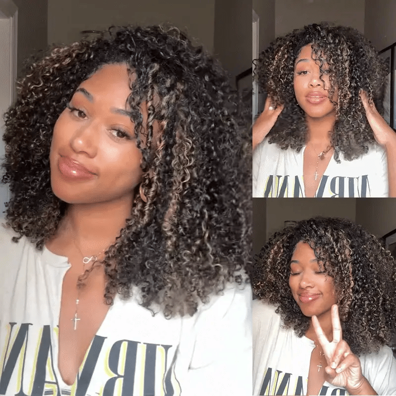 Atikual Wear Go Half Wig 1B/27 Highlight Kinky Curly Half Wig InvisiFit Strap Flip Over Wig Human Hair