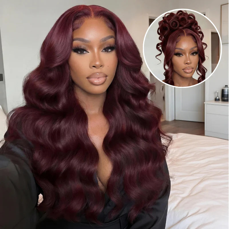 Atikual Glueless 7x5 / 13x4 Full Lace Frontal Dark 99J Burgundy Red Colored Body Wave HD Transparent Lace Human Hair Wigs