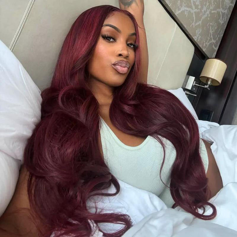 Atikual Glueless 7x5 / 13x4 Full Lace Frontal Dark 99J Burgundy Red Colored Body Wave HD Transparent Lace Human Hair Wigs