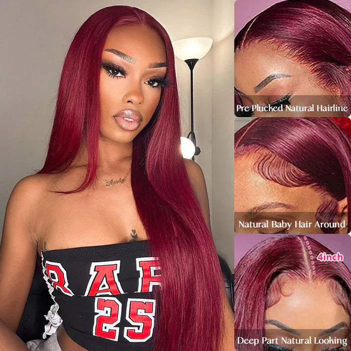 Atikual 99J Burgundy Color Wig Bone Straight Red Color 13*4 13*6 Lace Front Human Hair Wigs for Women