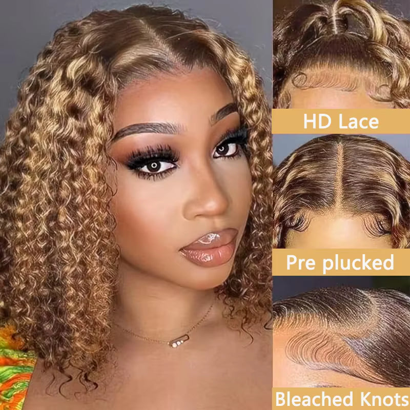 Atikual 300% Density Honey Blonde Highlight 13x4 Lace Front Jerry Curly Human Hair Wigs With Bangs