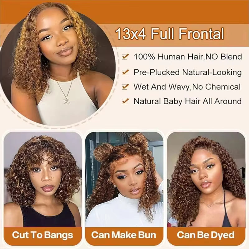 Atikual 300% Density Honey Blonde Highlight 13x4 Lace Front Jerry Curly Human Hair Wigs With Bangs