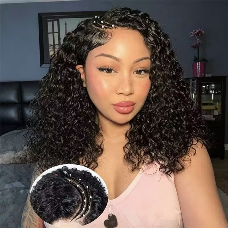 Pre-Braiding Curved Moon Water Wave Human Hair Wig 5x5 HD Transparent Lace Front Wigs