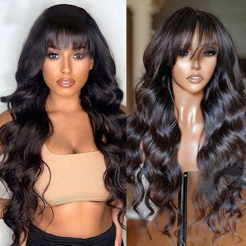 Atikual Ready To Go Glueless Body Wave Transparent Lace Top Human Hair Wig Pre Bleached with Bangs