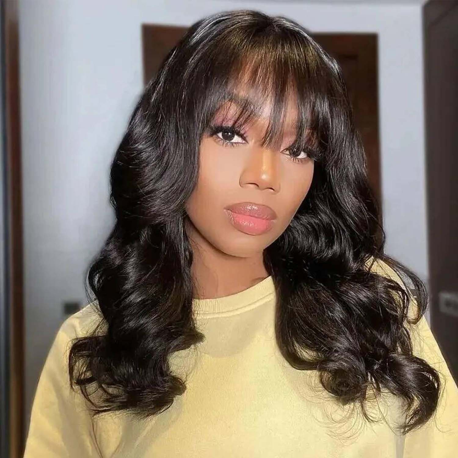 Atikual Ready To Go Glueless Body Wave Transparent Lace Top Human Hair Wig Pre Bleached with Bangs