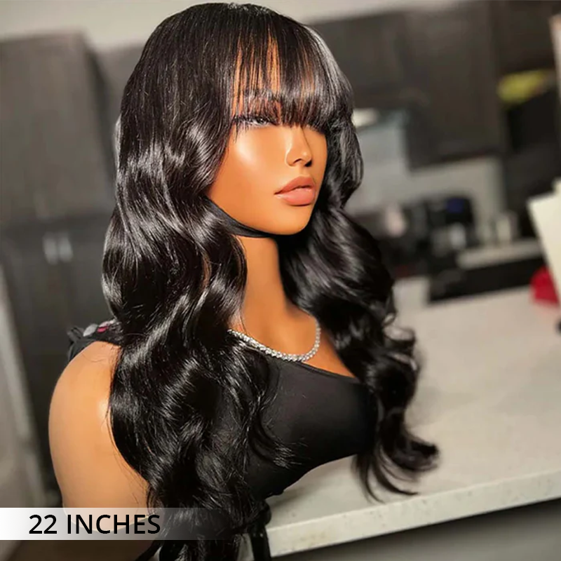 Atikual Ready To Go Glueless Body Wave Transparent Lace Top Human Hair Wig Pre Bleached with Bangs