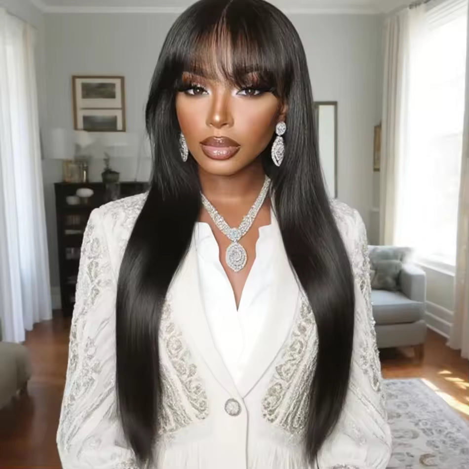Atikual Glueless Straight Transparent Top Lace Wig Pre Bleached Human Hair Wigs With Bangs