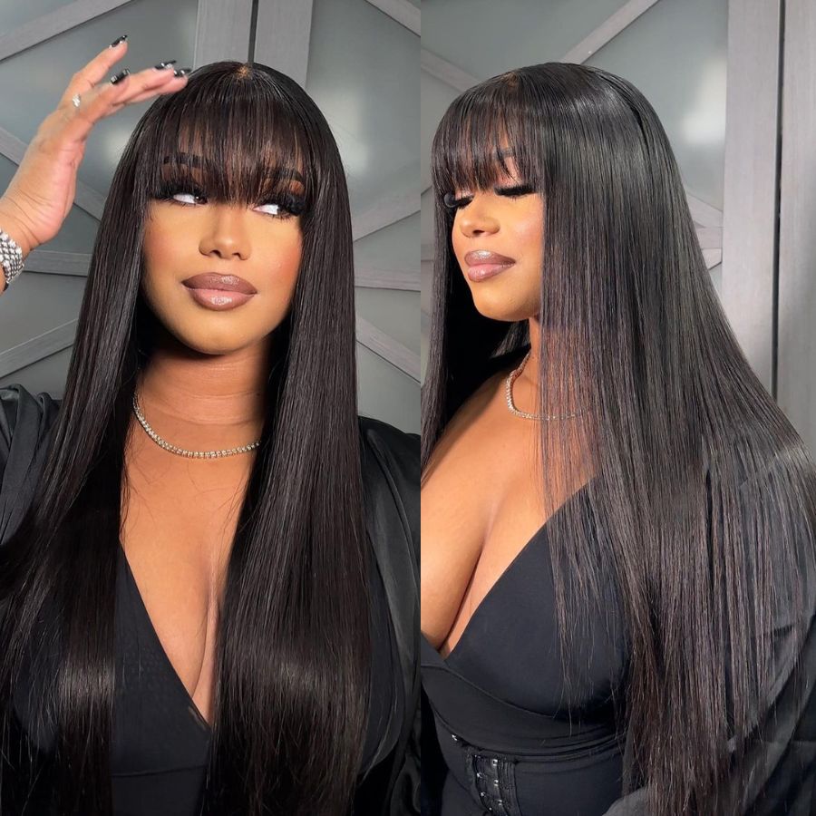 Atikual Glueless Straight Transparent Top Lace Wig Pre Bleached Human Hair Wigs With Bangs