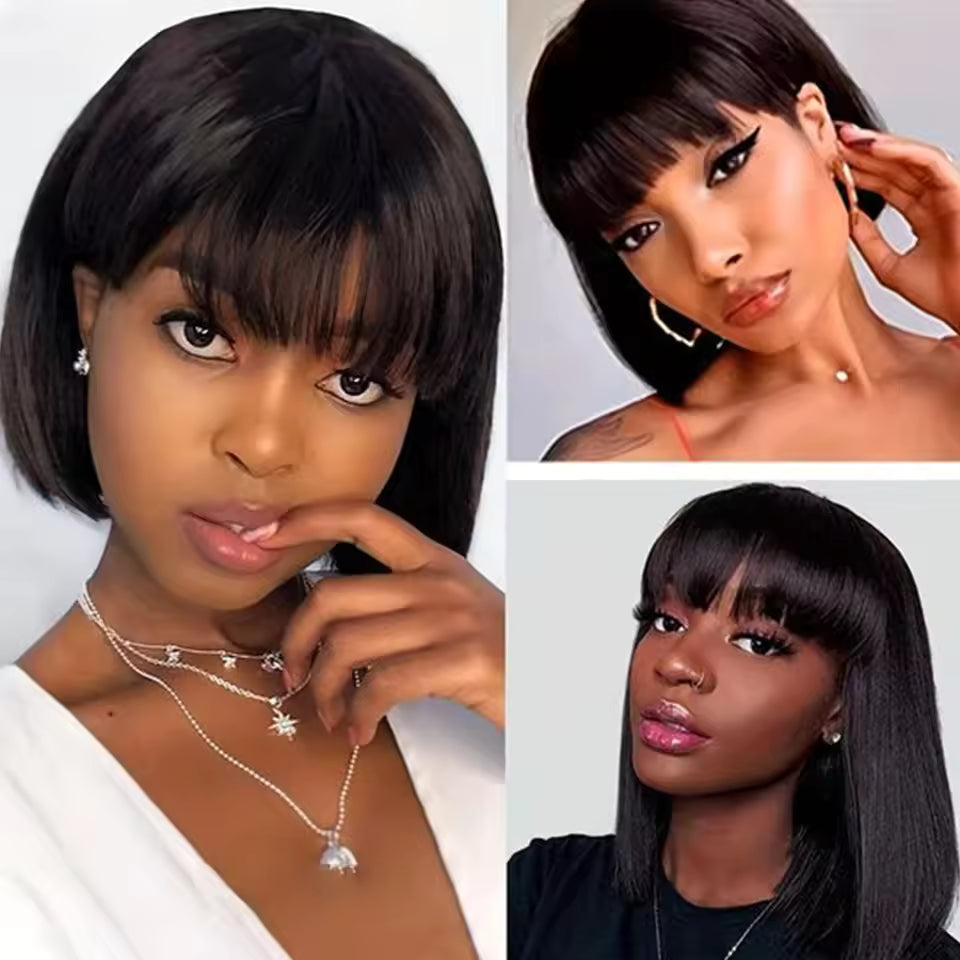 Atikual Straight Short Bob Wig Glueless Human Hair Wigs With Bangs For Women
