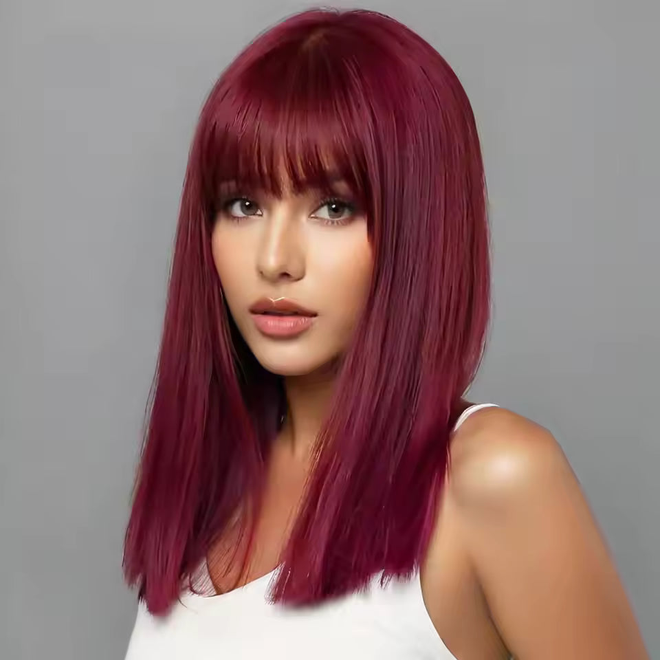 Atikual 99J Straight Wig With Bangs Silky Straight Glueless Human Hair Wig Natural Hairline