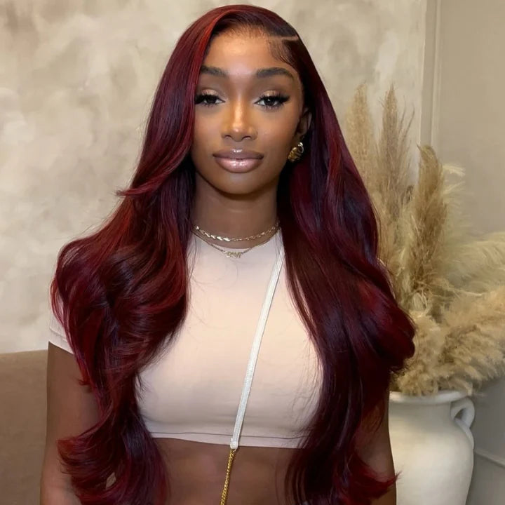 Atikual Glueless 7x5 / 13x4 Full Lace Frontal Dark 99J Burgundy Red Colored Body Wave HD Transparent Lace Human Hair Wigs