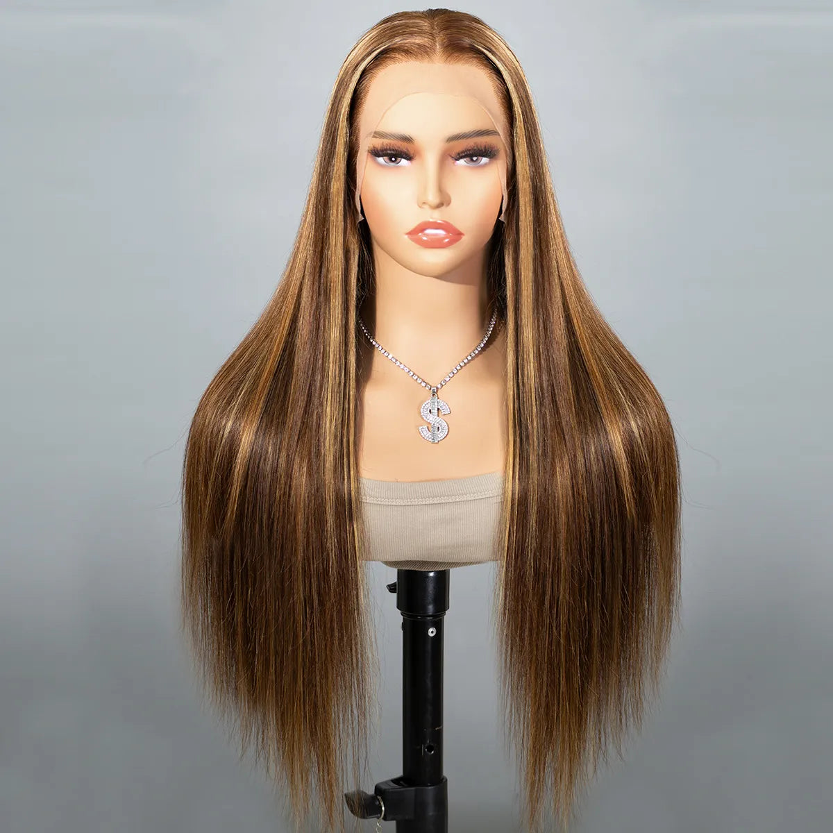 Atikual Honey Blonde Highlight Straight Glueless Wig Human Hair 7X5 13X4 Lace Front Wigs With Invisible Drawstring 180% Density