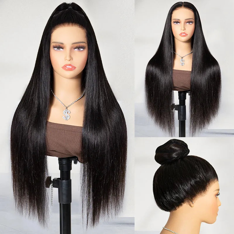 Atikual Pre Cut 360 Glueless Lace Wigs Silky Straight Invisi Strap Drawstring 360 Lace Front Human Hair Wigs