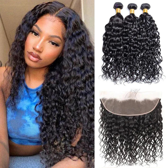 Atikual Water Wave Hair 3 Bundles with 13x4 Lace Frontal 100% Virgin Human Hair No Shedding No Tangle