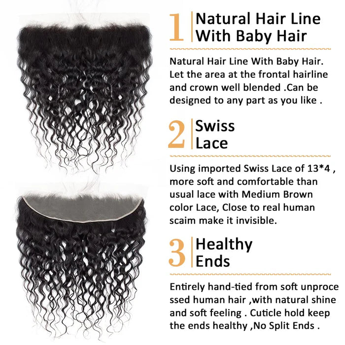 Atikual Water Wave Hair 3 Bundles with 13x4 Lace Frontal 100% Virgin Human Hair No Shedding No Tangle